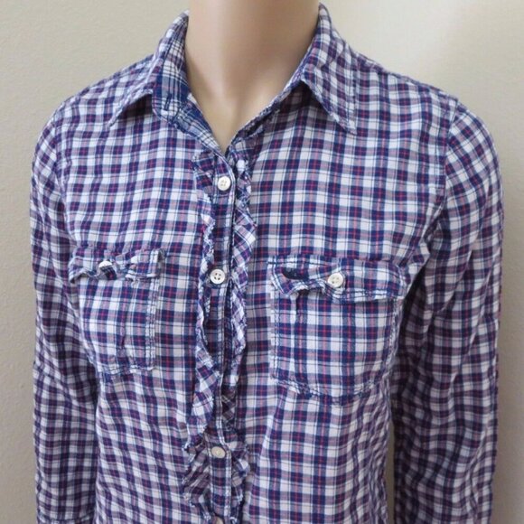 Abercrombie Women Plaid Button Down Shirt Top Size XS Ruffles Blue & White Check - Picture 4 of 6